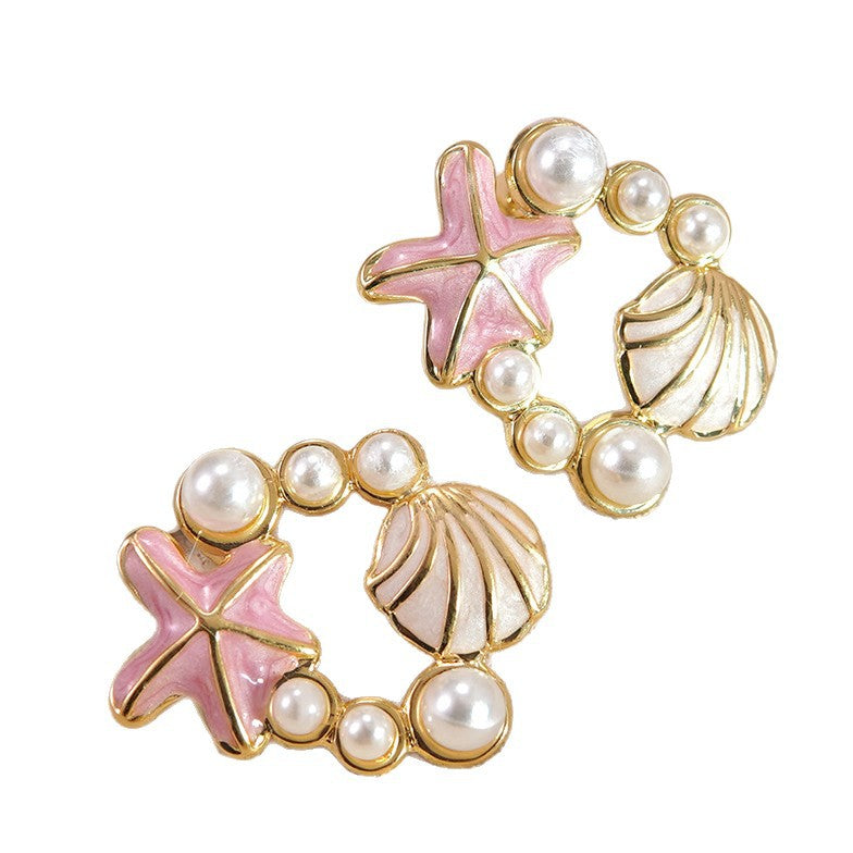 Sweet Drip Oil Pearl Shell Starfish Animal Stud Earrings in Stainless Steel for Women