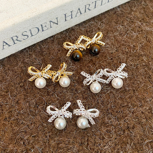 Elegant Vintage-Style Bowknot Earrings with Imitation Pearl and Zircon Inlay on Stainless Steel Posts