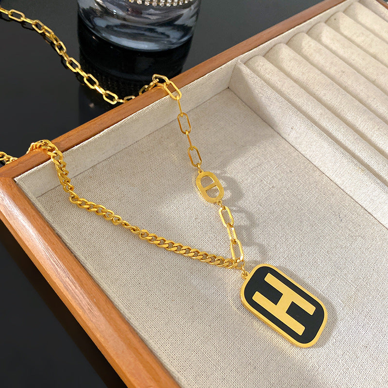 Streetwear Gold Plated Square Letter H Curb Chain Necklace Titanium Steel Unisex