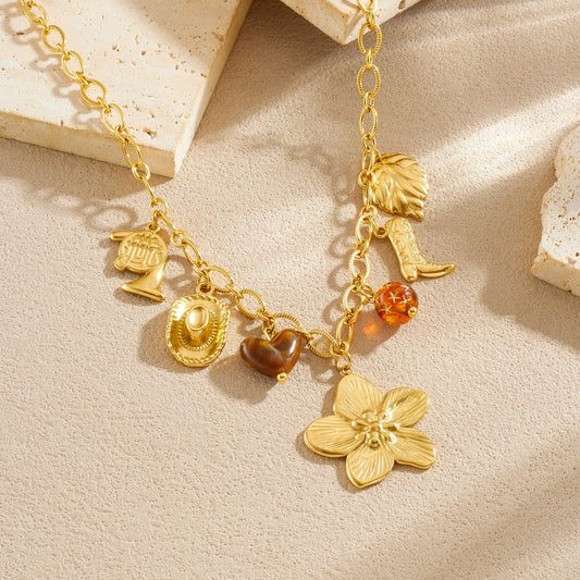 Vintage Gold Plated Stainless Steel Necklace with Acrylic Floral Heart Boot Hat and Musical Instrument Pendants Cable Chain for Women