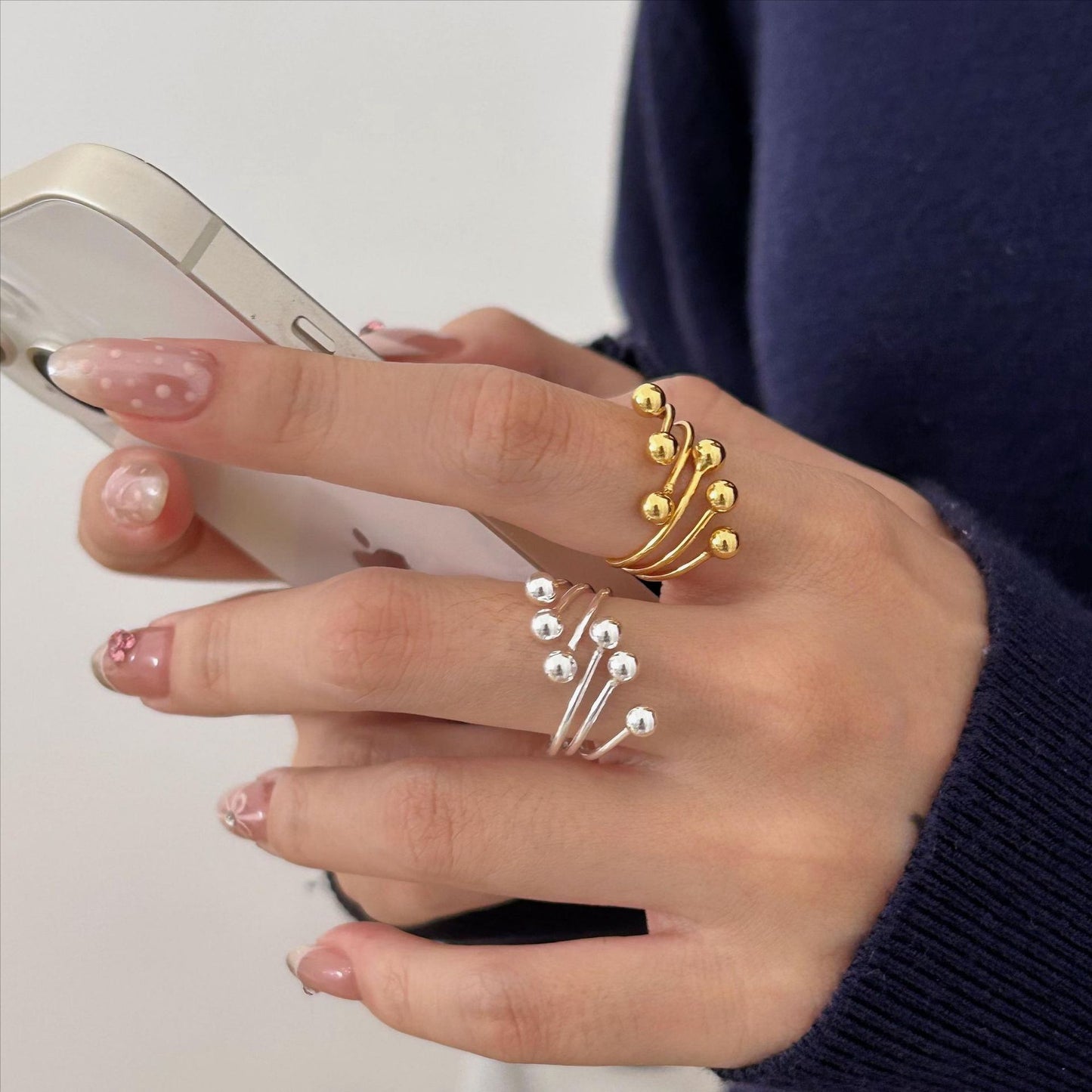 Minimalist S925 Sterling Silver Six-Bead Ring with Rounded Bead Design and Smooth Band