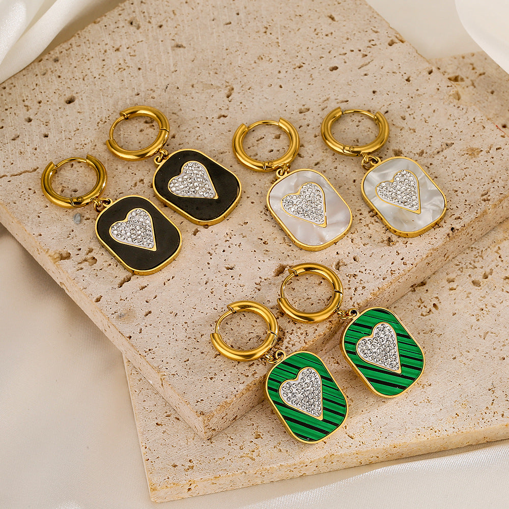 Orecchini da donna in acciaio al titanio a forma di cuore, geometrici e vintage, con intarsi in strass