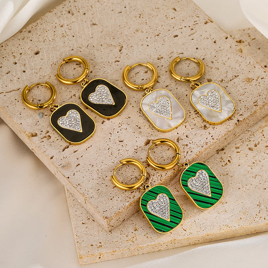 Orecchini da donna in acciaio al titanio a forma di cuore, geometrici e vintage, con intarsi in strass