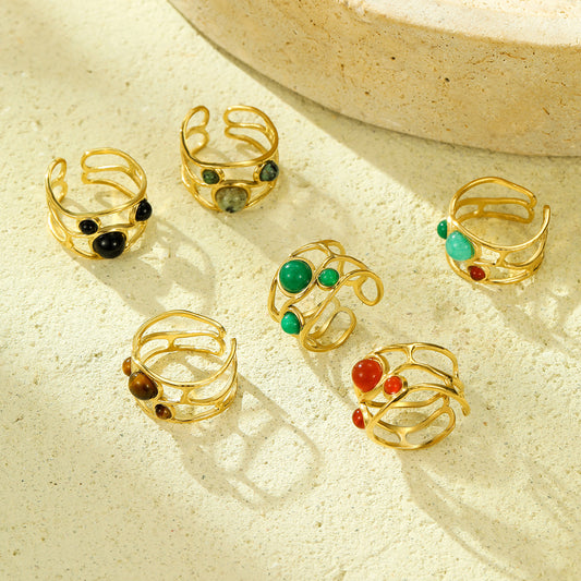 Anello Minimalista di Lusso a Cuore in Pietra Naturale in Acciaio Inossidabile con Placcatura in Oro 18K, Fascia Aperta Regolabile da Donna