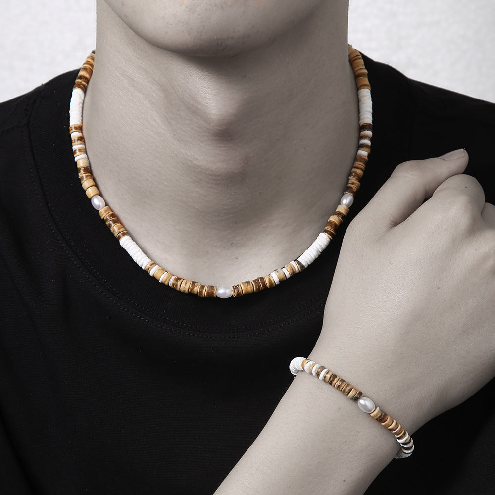 Retro Hip Hop Unisex Beaded Necklace with Coconut Shell Wood Chips Pearl Abalone Stainless Steel Pendant on O-Chain