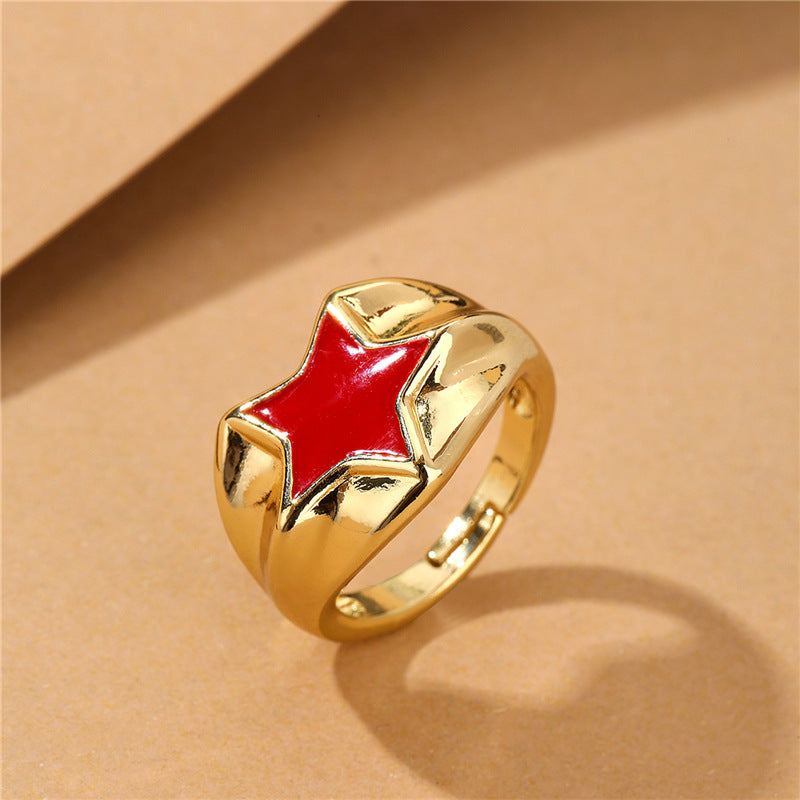 18K Gold Plated Brass Drip Oil Star Geometric Open Ring for Women