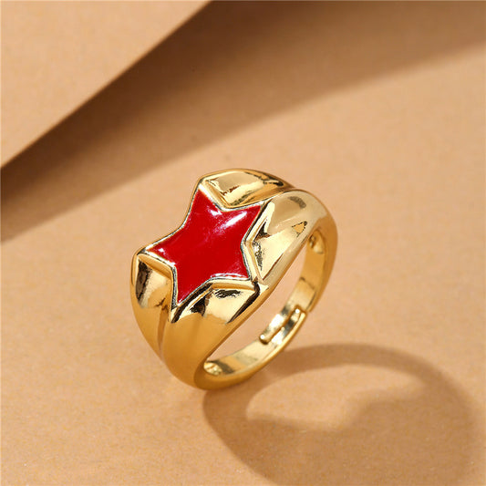 18K Gold Plated Brass Drip Oil Star Geometric Open Ring for Women