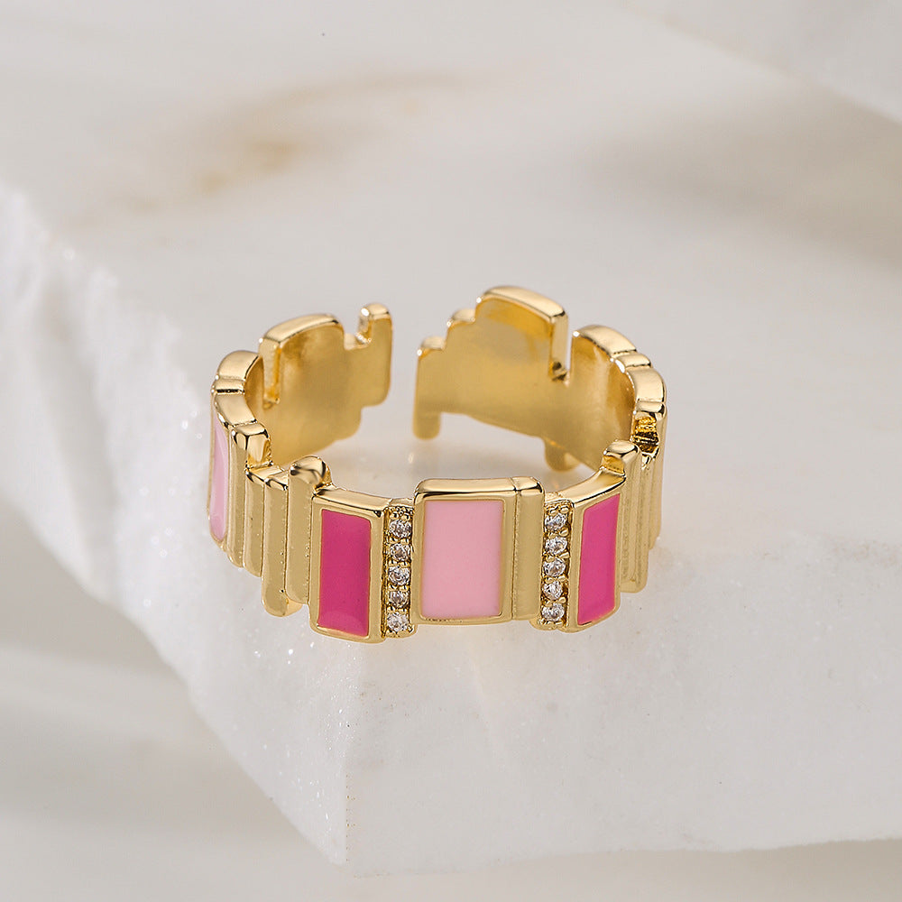 Geometric Open Ring for Women with Copper Base Plated in Real Gold Featuring Zircon Inlay and Enamel Finish