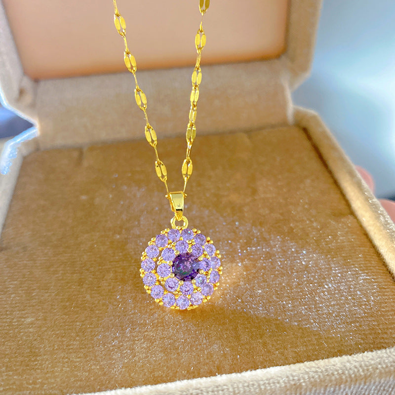 Sweet Sporty Colorful Rotating Cubic Zirconia Geometric Heart Fruit Pendant Titanium Steel Necklace
