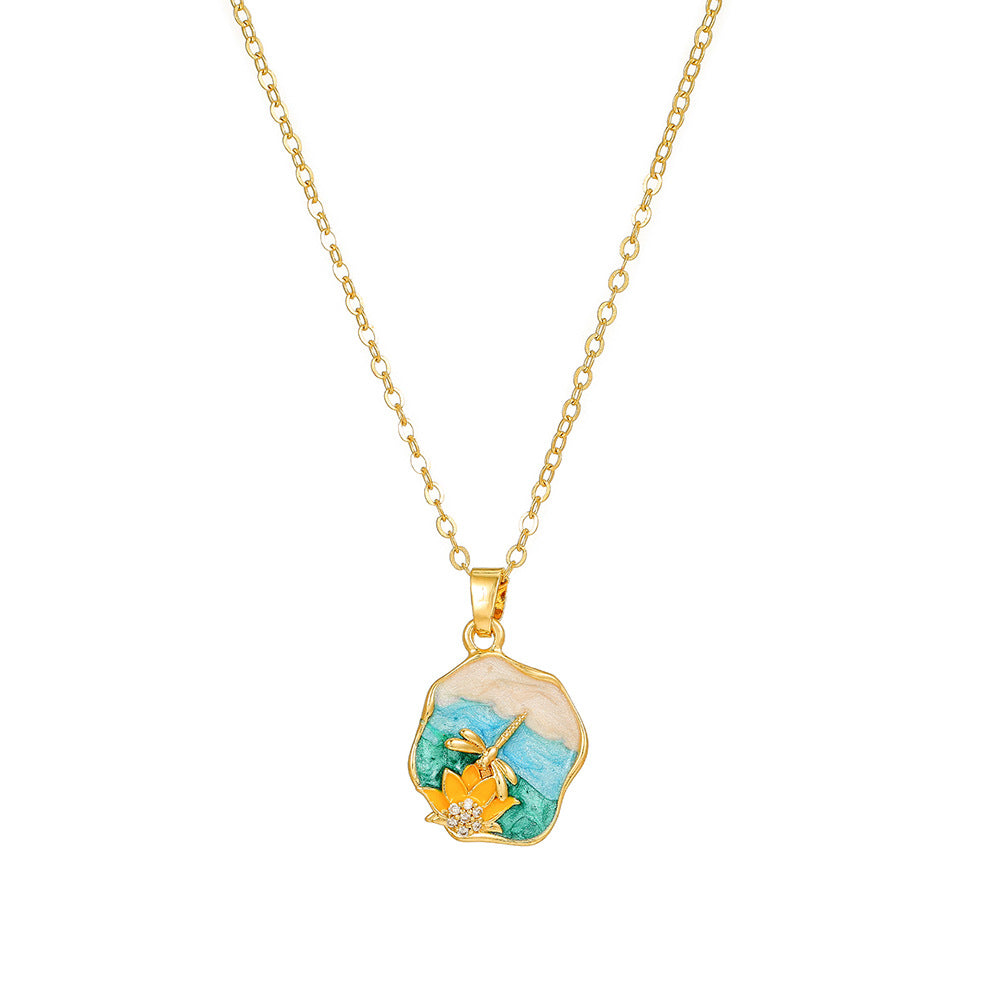 Elegant Drip Oil Floral Brass Gold Plated Necklace with Cubic Zirconia Inlay Cable Chain
