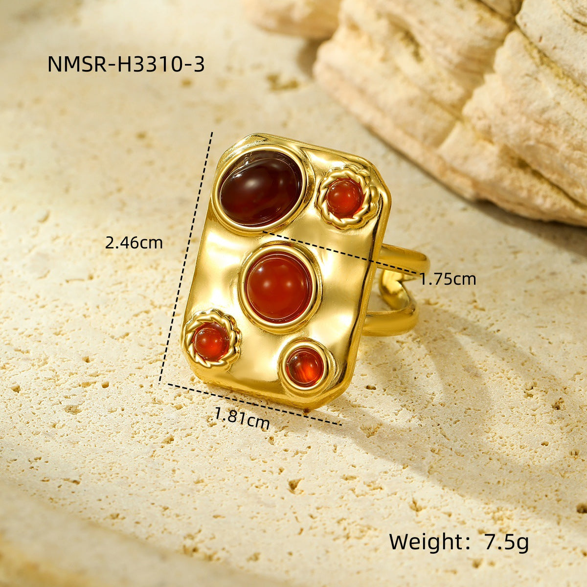 Anillo Minimalista Cuadrado de Acero de Titanio con Incrustaciones de Piedra Natural y Acabado Bañado Ajustable para Mujer