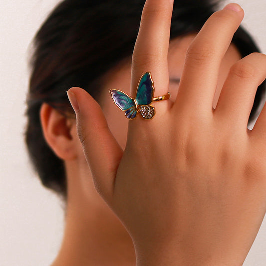 Anillo de acero inoxidable con forma de mariposa vintage, chapado en oro de 18 quilates e incrustaciones de pedrería para mujer