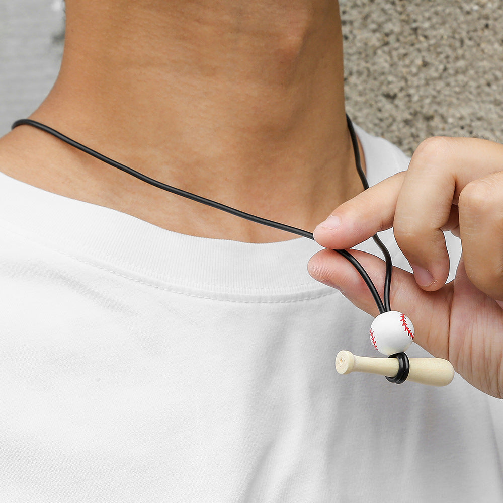 Geometric Wood Baseball Bat Pendant Leather Necklace Adjustable Unisex