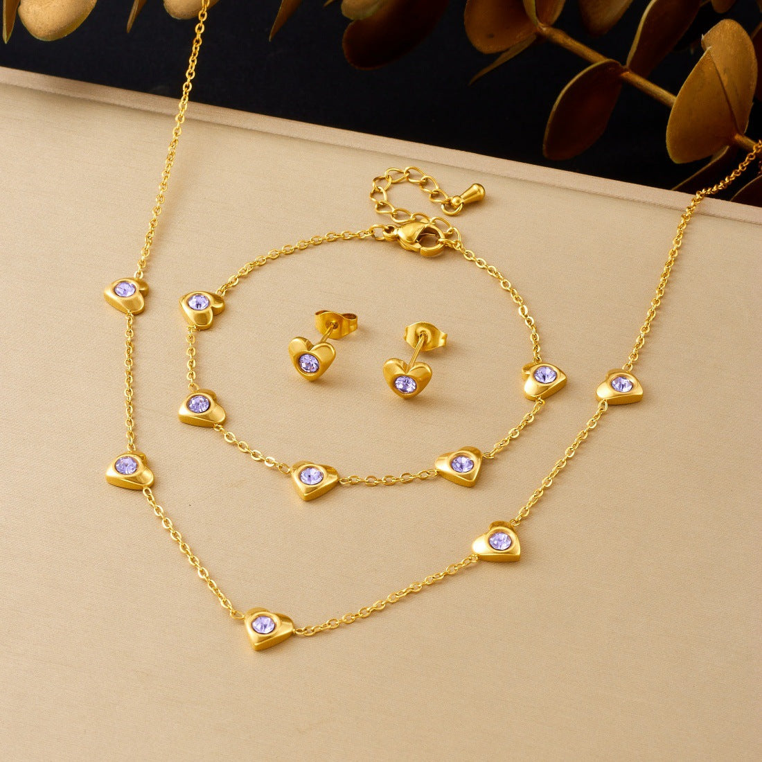 Minimalist Sweet Gold Plated Stainless Steel Heart Teardrop Rhinestone Jewelry Set for Women