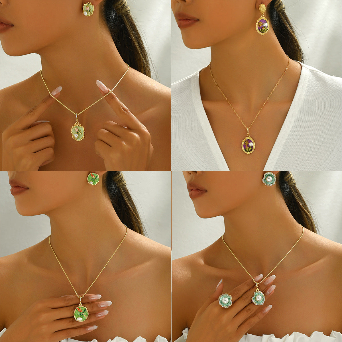 Collar y pendientes de cobre con incrustaciones de perlas y diseño floral minimalista para mujer con estilo fresco y dulce