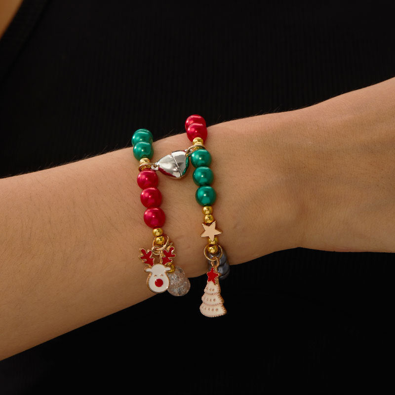 Bracciale Magnetico in Lega a Forma di Cuore per Coppie con Accenti di Babbo Natale e Fiocco di Neve Gioielli Natalizi Festivi per Donne e Uomini