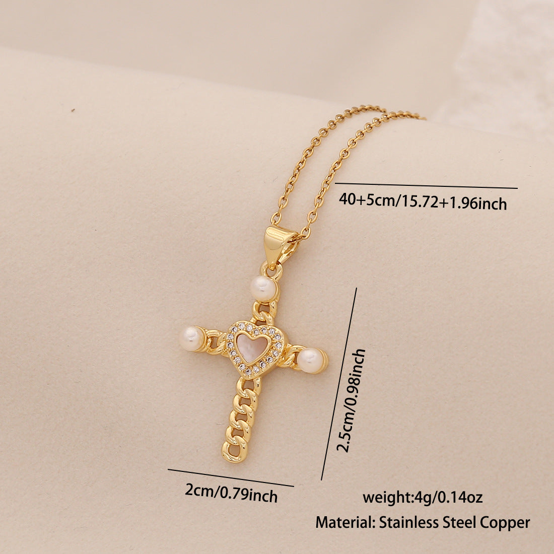 Collana personalizzata con croce in acciaio inossidabile, ciondolo in rame e perla finta