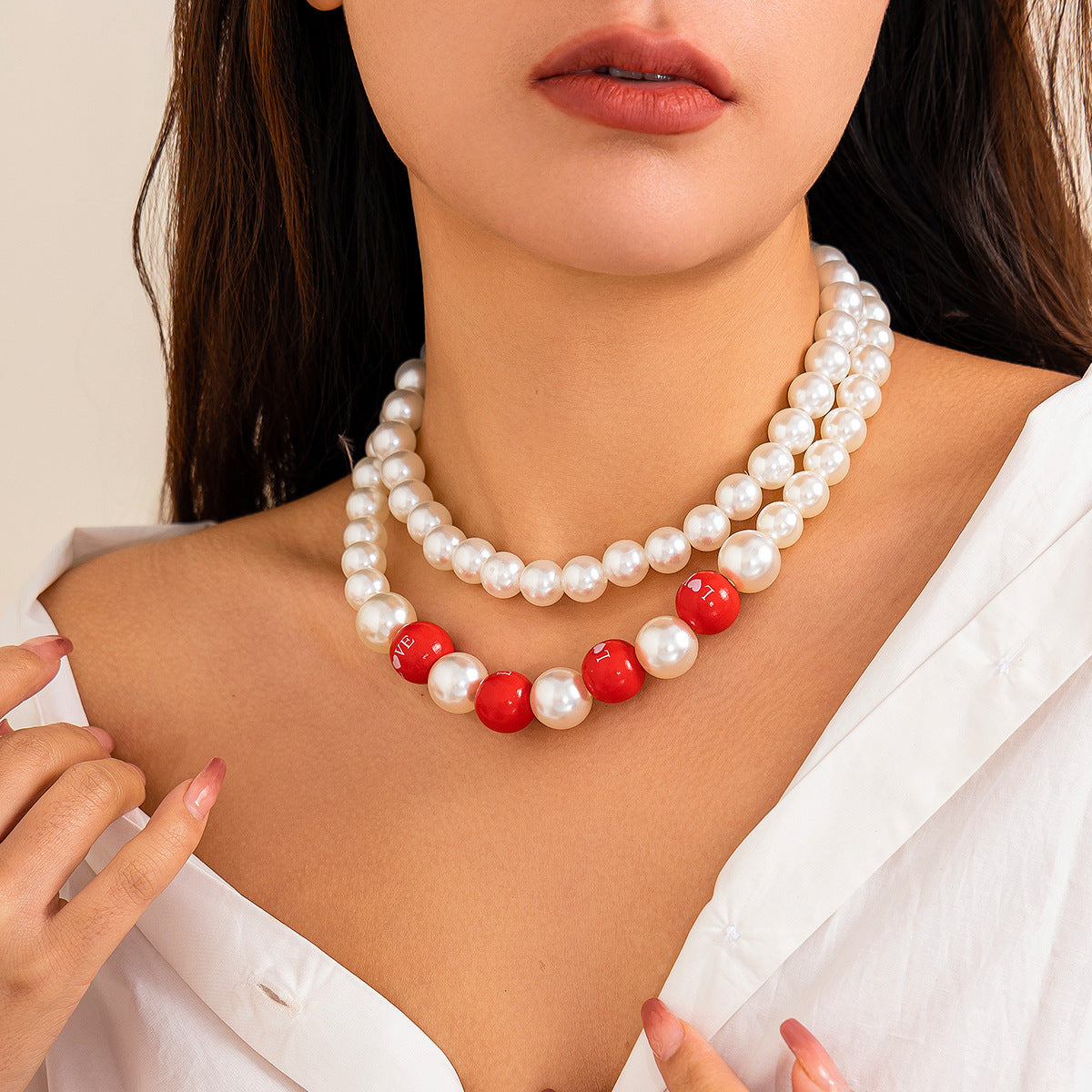 Colorful Imitation Pearl Love Heart Letter Beaded Necklace for Women