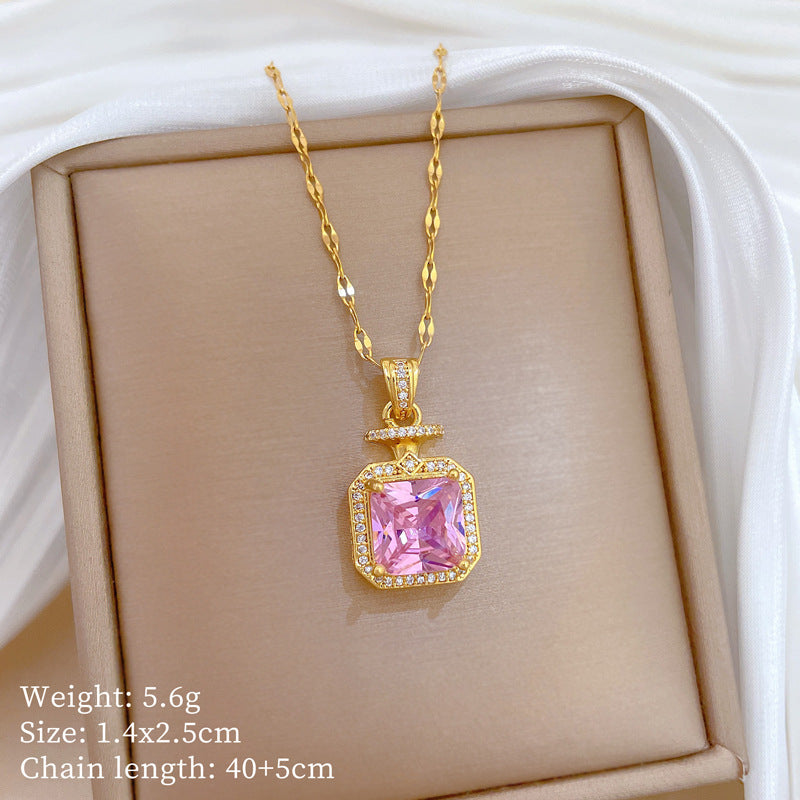 Sweet Geometric Moon Cubic Zirconia Inlay Titanium Steel Necklace with Brass Pendant for Unisex