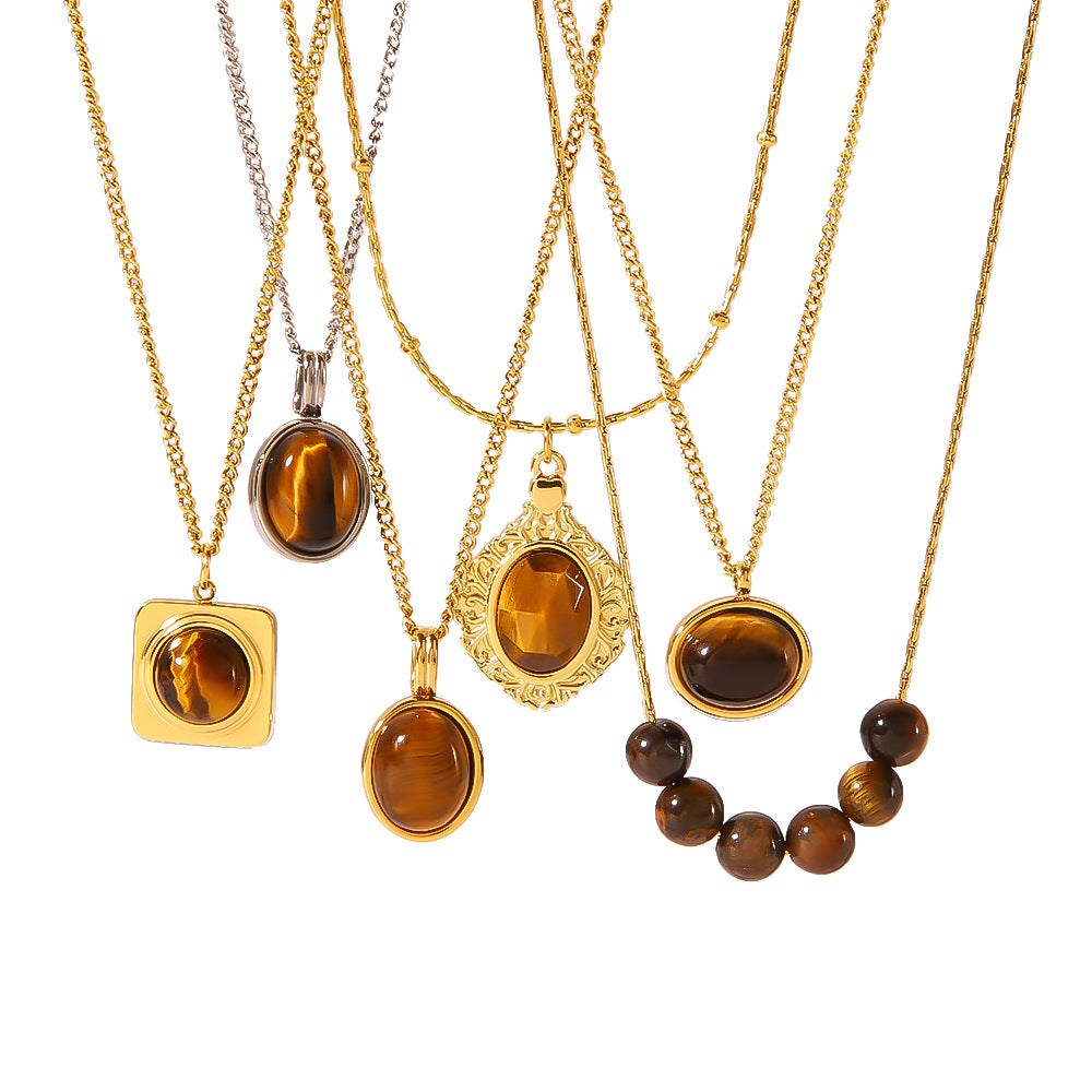Vintage French Style Geometric Pendant Necklace for Women Stainless Steel with 18K Gold Plating and Natural Tiger Eye Inlay