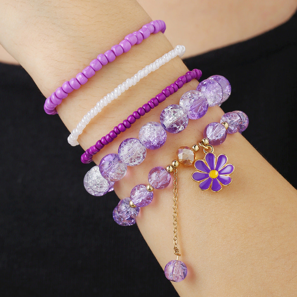 Sweet Handmade Crystal Seed Bead Daisy Flower Elastic Bracelet Set