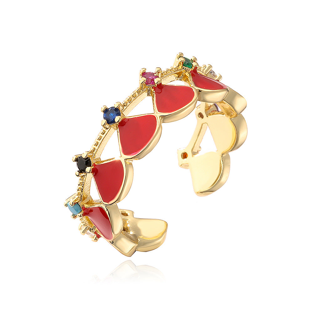 Anello Aperto Geometrico da Donna con Base in Rame Placcato in Oro 18K e Intarsio in Zirconia Smaltata
