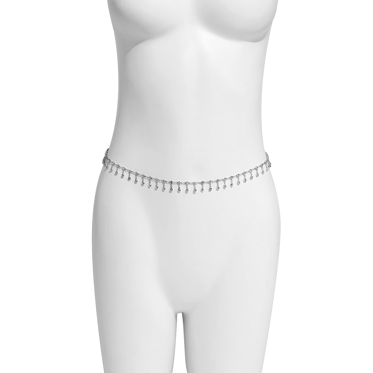 Cadena Corporal de Bikini Geométrica Minimalista para Mujer con Acentos de Pedrería y Detalle de Borla en Metal