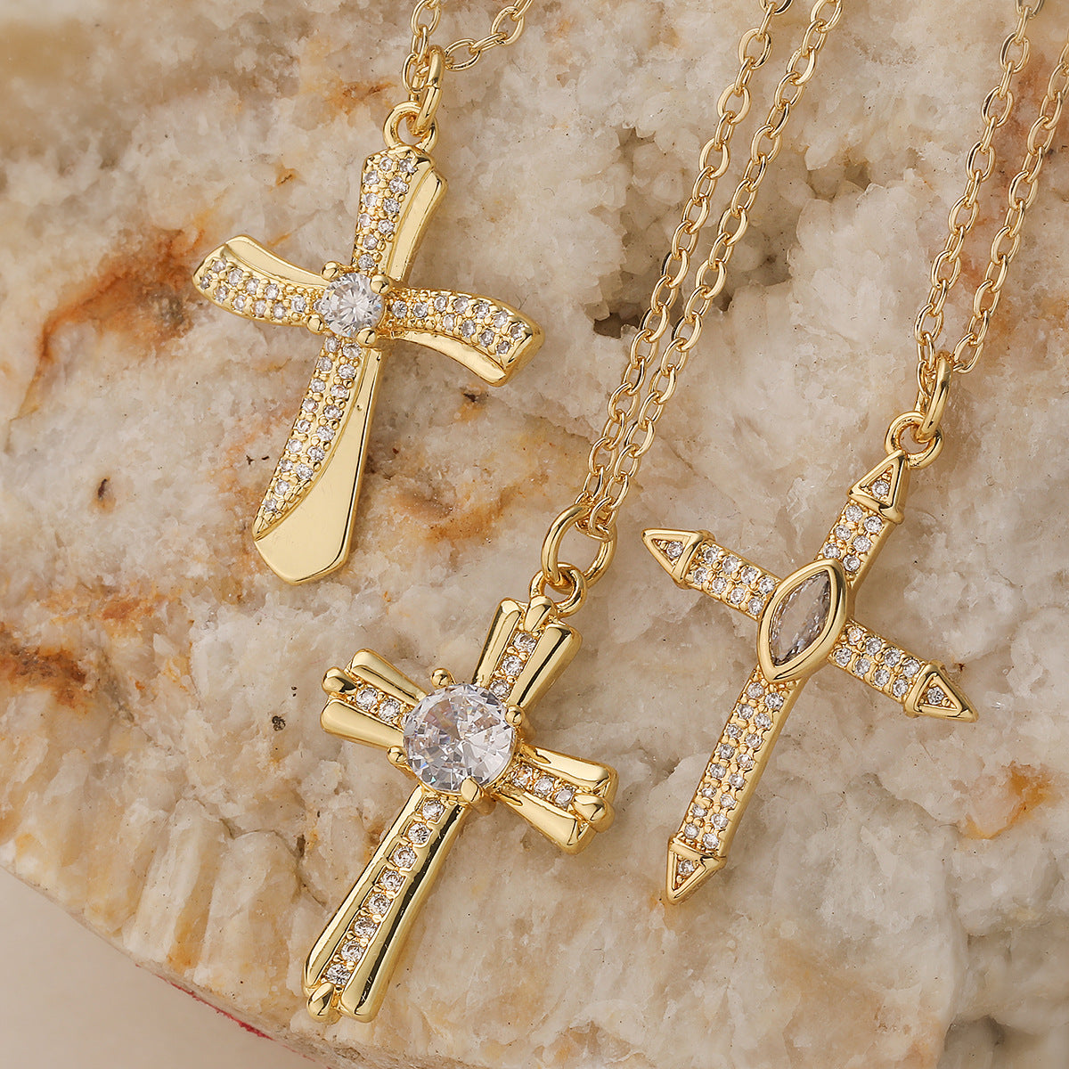 Minimalist Elegant 18K Gold Plated Brass Cross Pendant Necklace with Cubic Zirconia for Women