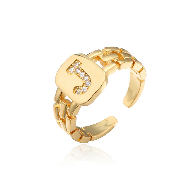 Minimalist Letter Shape Copper Ring with Micro-Pavé Setting Adjustable Geometric Band