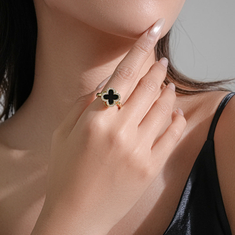 Luxury Minimalist Adjustable Open Ring for Women with Gold-Plated Copper Band and Zircon Stone Accent in Heart and Floral Shape