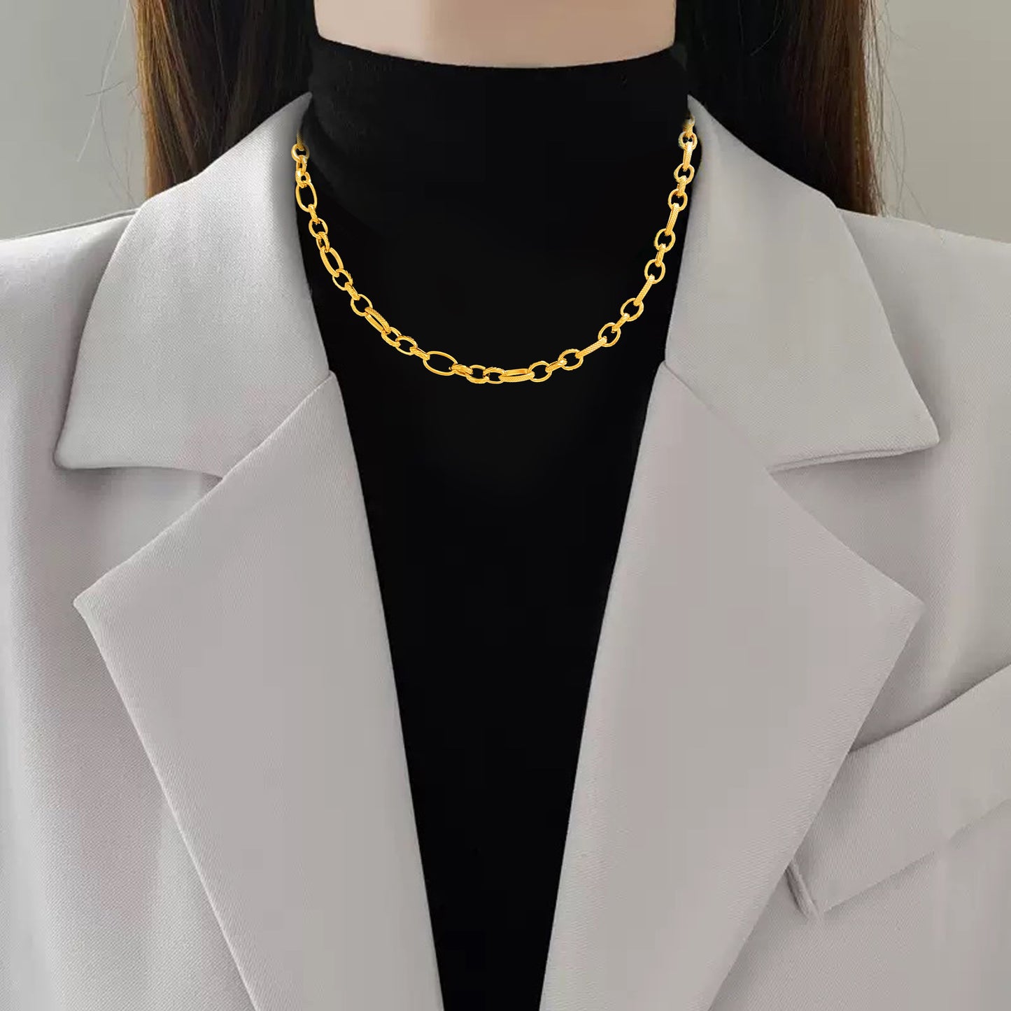 Hip-hop Sweet Gold Plated Round Cuban Link Chain Titanium Steel Jewelry Set with Heart Stainless Steel Bracelet