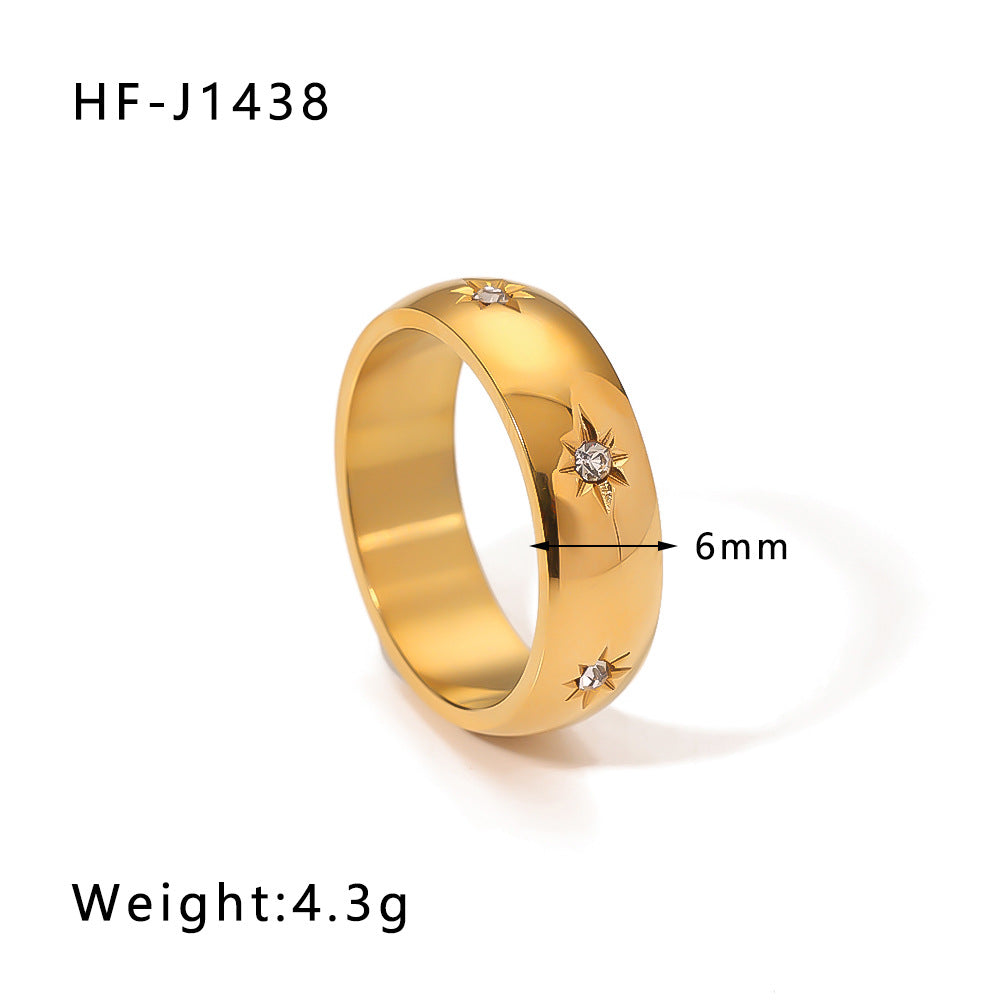 Anello da donna minimalista in acciaio al titanio con stella a otto punte e intarsi di strass
