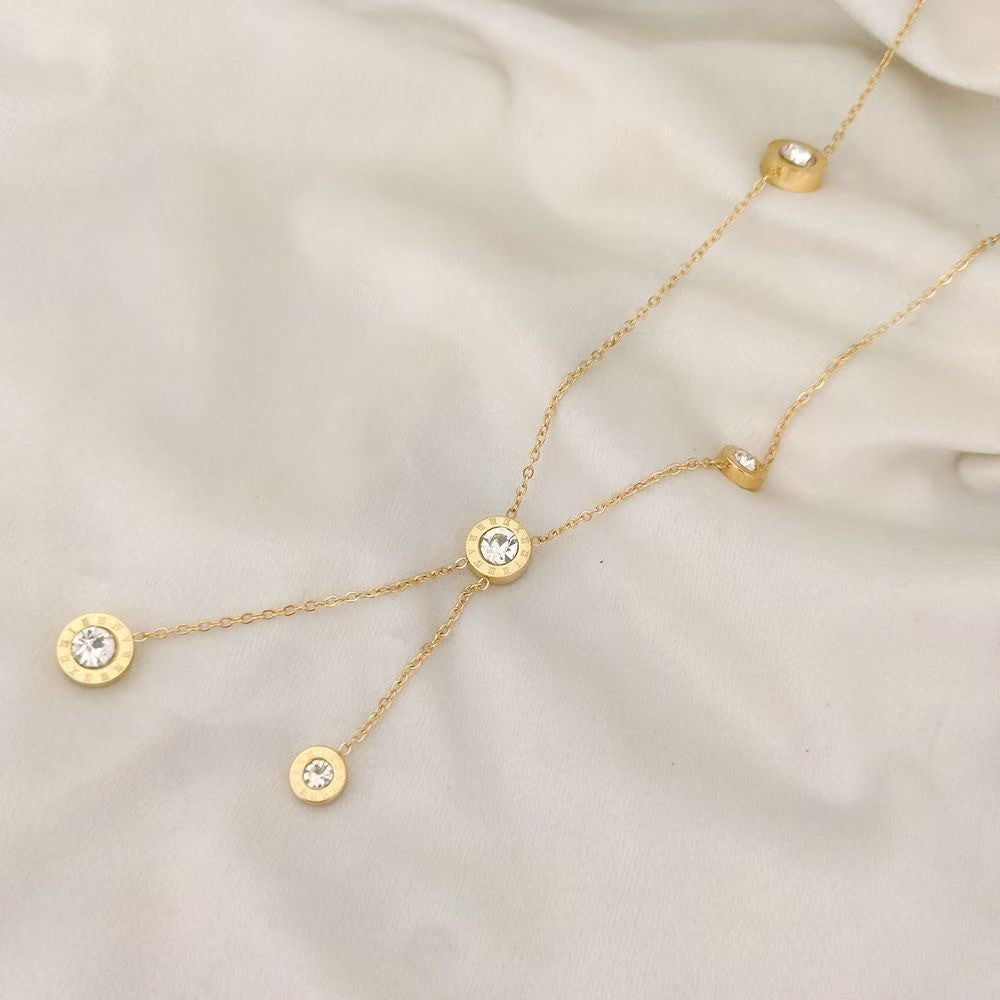 Elegant Minimalist Titanium Steel Micro-Inlaid Cubic Zirconia Geometric Round Pendant Necklace and Bracelet Set with Snake Chain