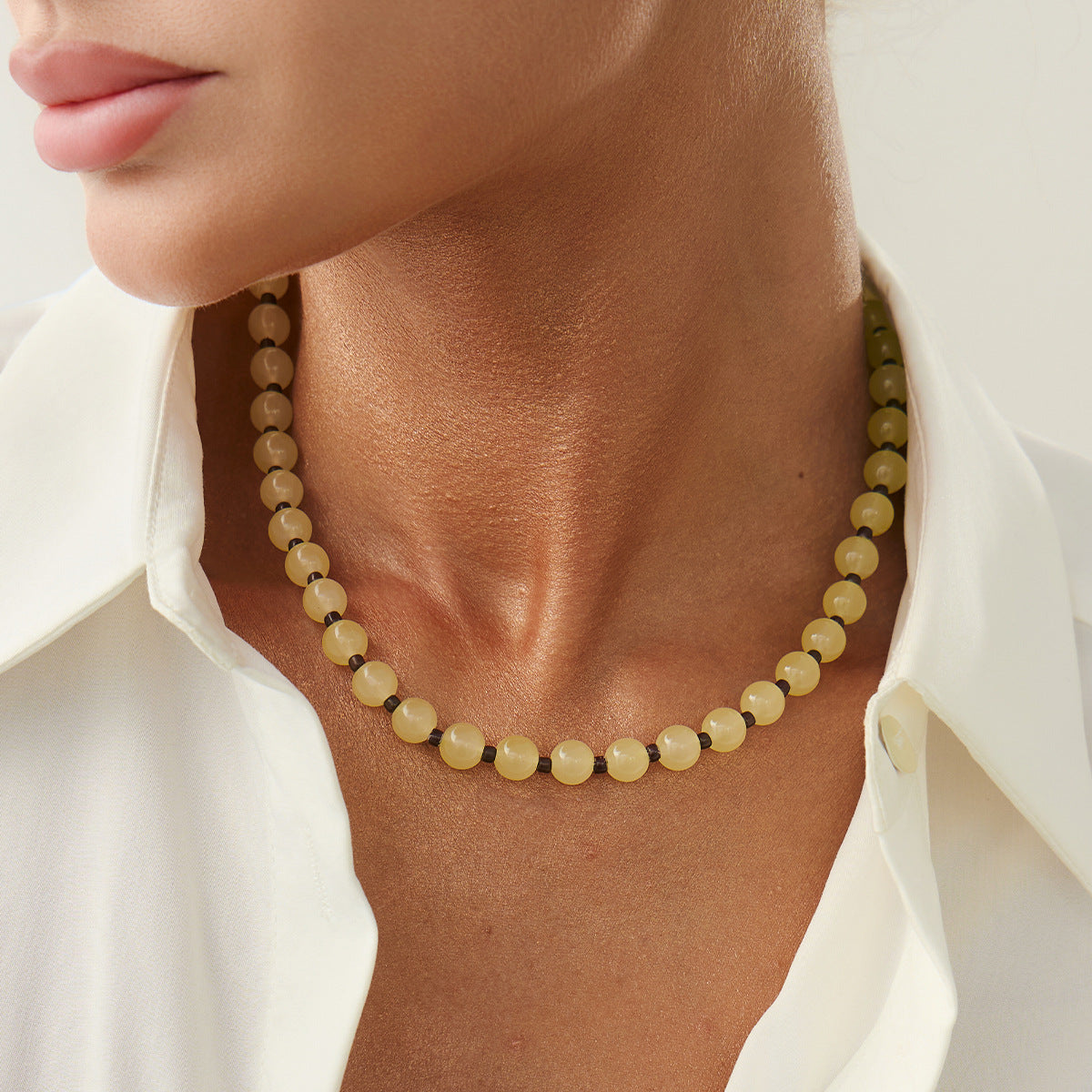 Minimalist Pale Green Glass Bead Necklace Geometric Round Seed Bead Choker for Women