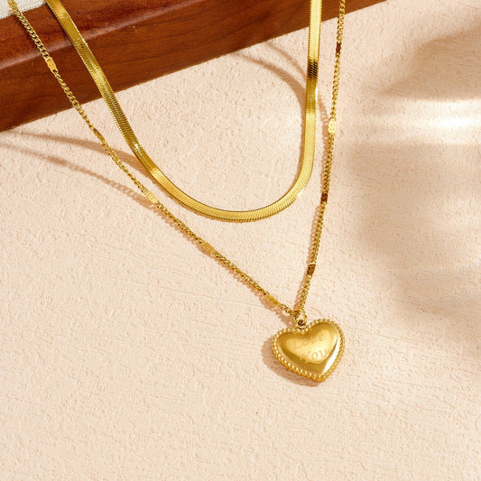 Gold Plated Stainless Steel Heart Pendant Double Layer Irregular Chain Necklace for Women