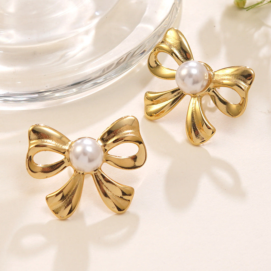 Luxury Stainless Steel Bow Knot Pearl Earrings for Women