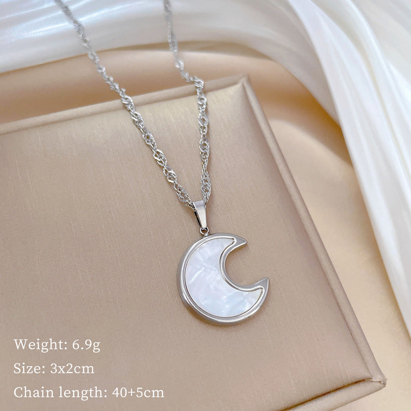 Minimalist Titanium Steel Geometric Moon and Shell Pendant Necklace for Women Gold-Plated Clavicle Chain