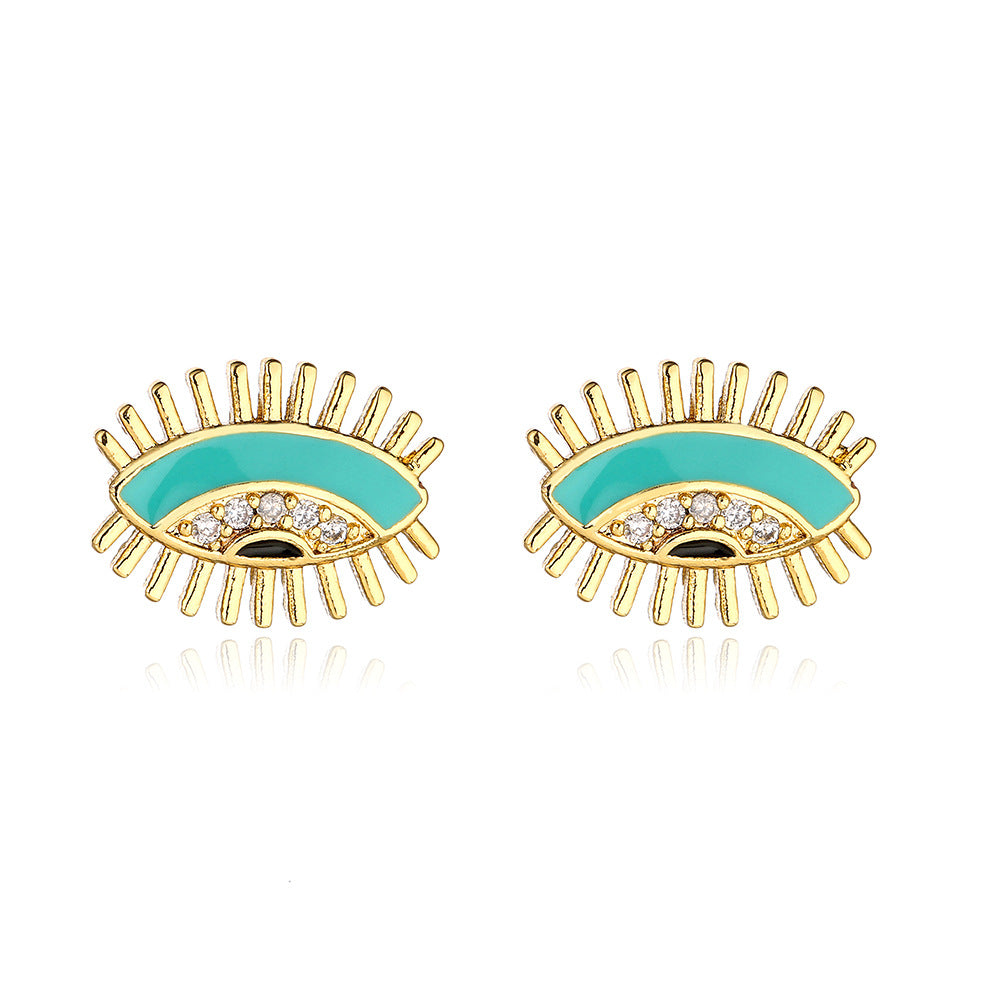 Minimalist Geometric Evil Eye Stud Earrings in Copper with Real Gold Plating and Zircon Inlay