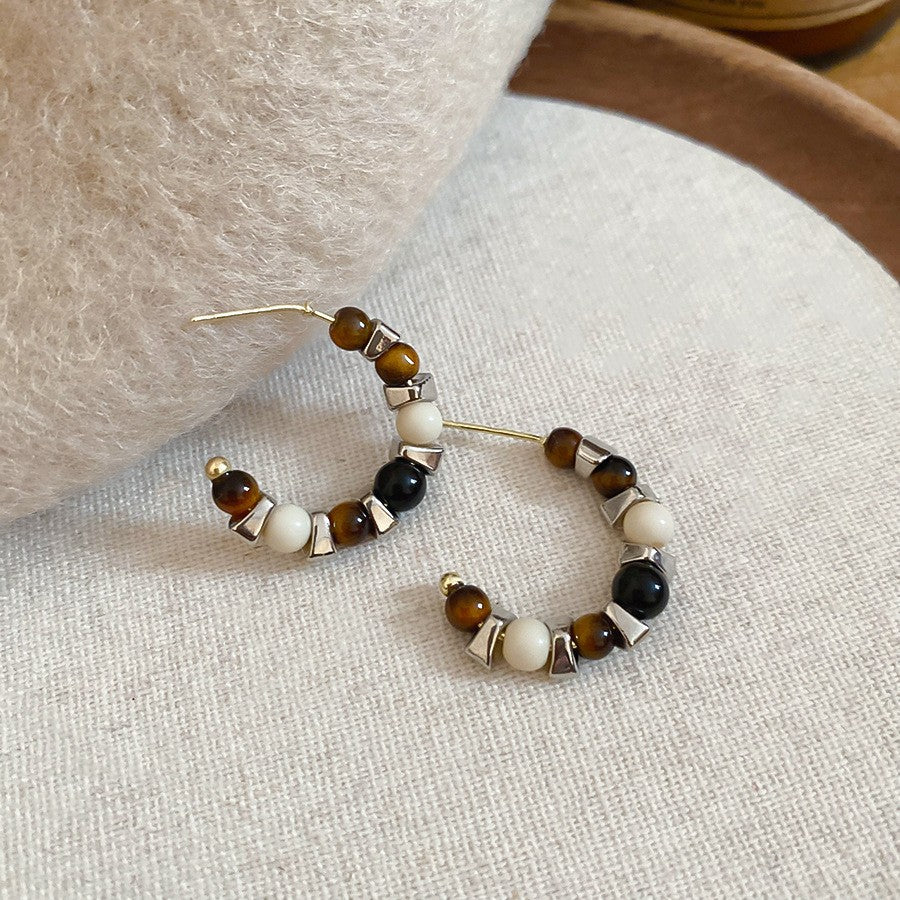 Pendientes de tuerca geométricos de ojo de tigre chapados en bronce mate para mujer, joyería de lujo minimalista artística vintage
