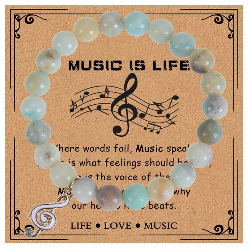 Elegant Geometric Round Crystal Turquoise Beaded Bracelet with Musical Note Pendant for Women