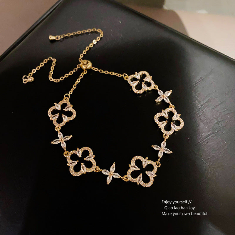 Elegant Floral Cubic Zirconia Inlaid Brass Bracelet for Women
