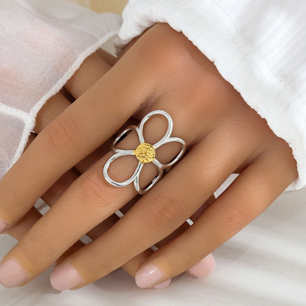 Anillo Abierto Ajustable Floral Minimalista de Acero Inoxidable con Baño de Oro y Plata para Mujer