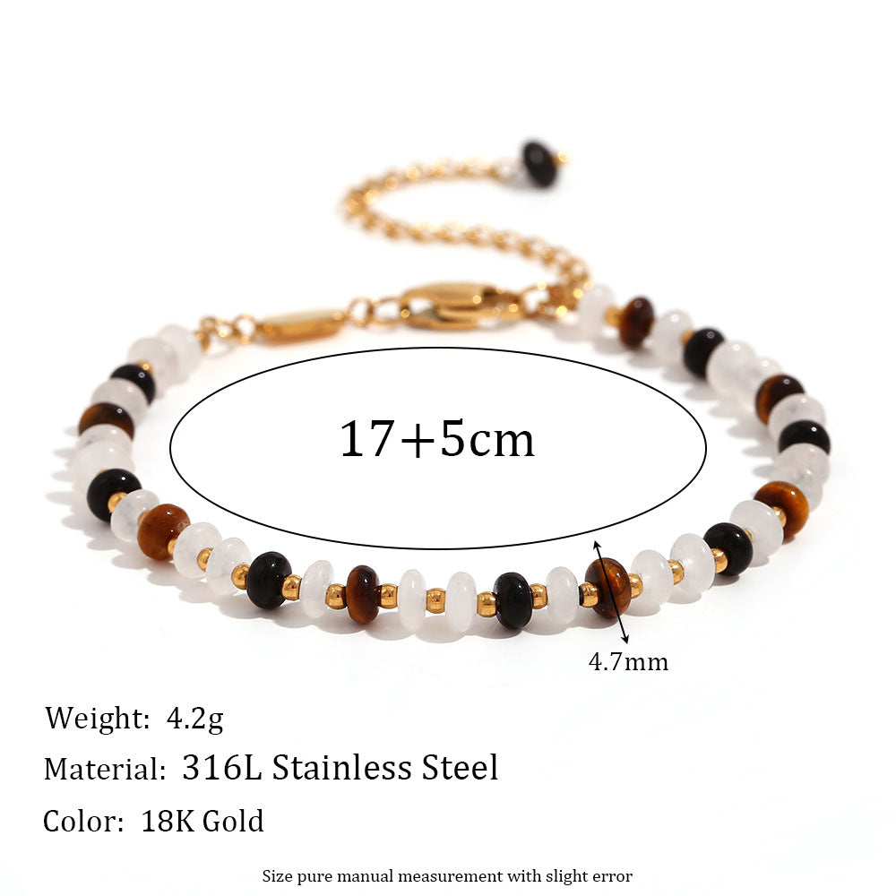 Minimalist Geometric Stainless Steel Necklace with Titanium Steel Beads, Tiger Eye and White Jade Accents, Gold Plated 18K Finish