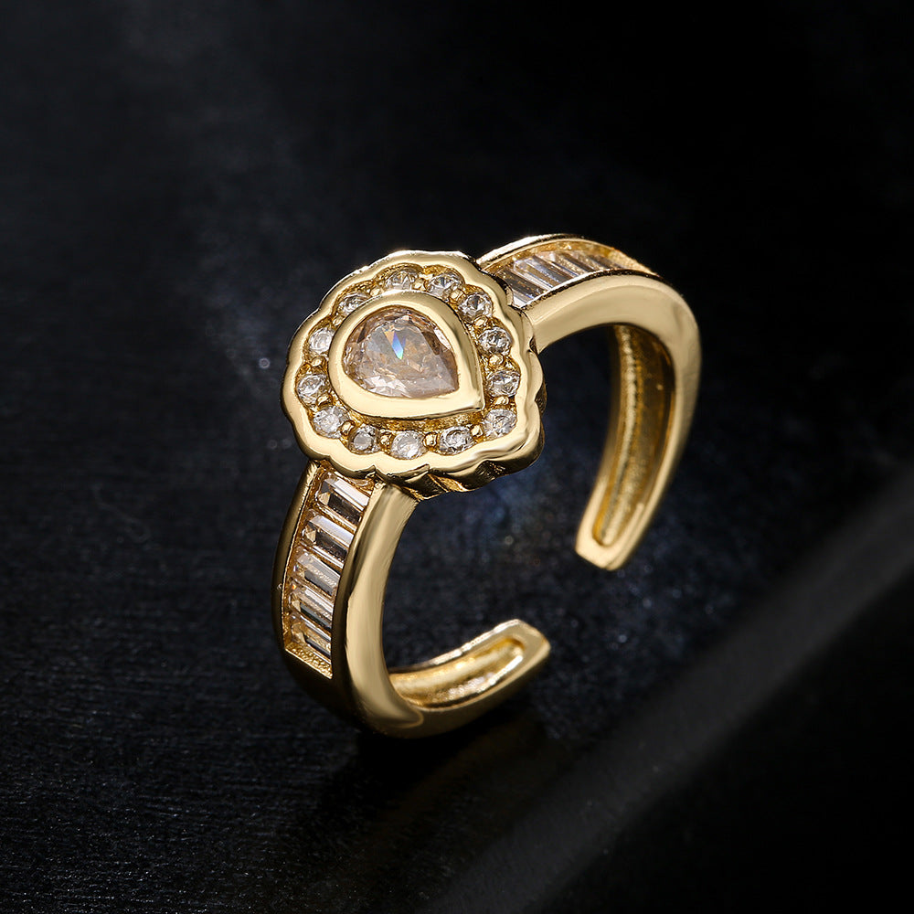 Vintage Geometric Open-Ended Drop-Shaped Ring for Women Made of Brass with 18K Gold Plating and Zircon Inlay