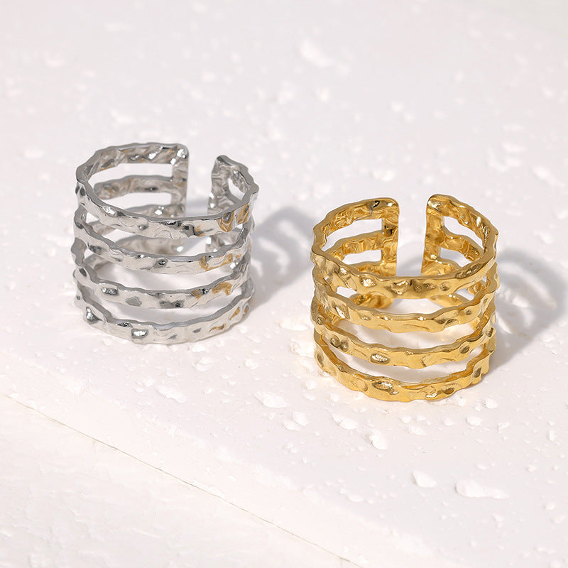 Minimalist Geometric Stainless Steel Ring with Irregular Hammered Texture and Plated Finish for Women