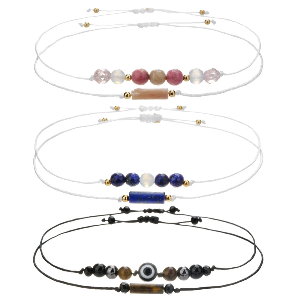 Minimalist Handmade Cylindrical Beaded Stone Bracelet with Rose Quartz Tiger Eye Hematite and Black Agate for Unisex