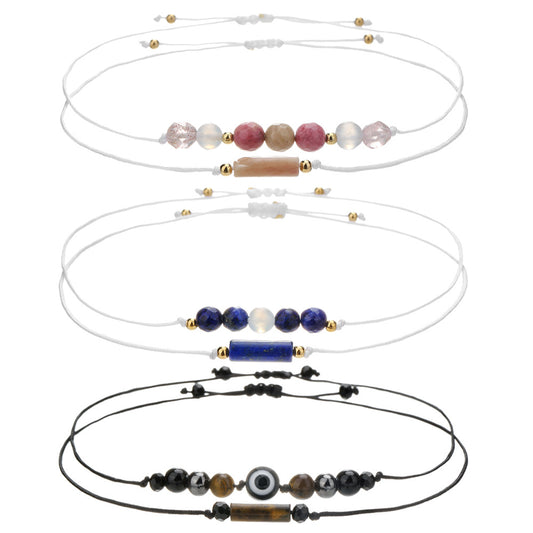 Minimalist Handmade Cylindrical Beaded Stone Bracelet with Rose Quartz Tiger Eye Hematite and Black Agate for Unisex