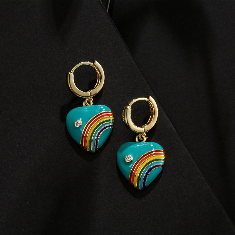 Vintage Drip Oil Rainbow Heart Geometric Brass 18K Gold Plated Micro-set Cubic Zirconia Earrings for Women