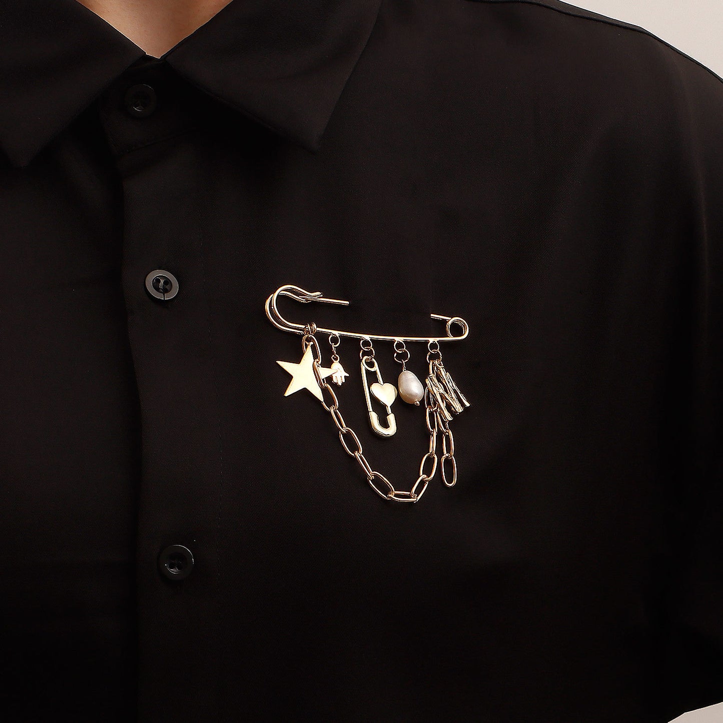 Geometric Star and Letter M Pendant Brooch with Tassel Detail in Alloy with Plated Finish for Women