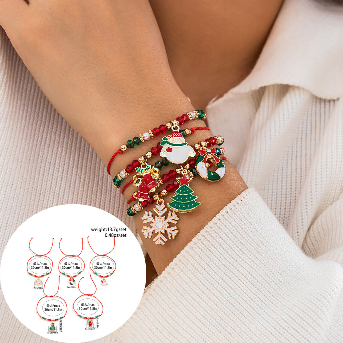 Set de pulseras de resina con forma de letra con motivos navideños de renos y campanas para mujer